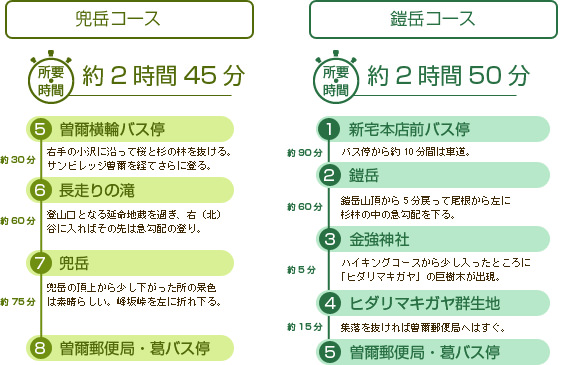 兜岳コース：所用時間約2時間45分。[5]曽爾横輪バス停：右手の小沢に沿って桜と杉の林を抜ける・サンビレッジ曽爾を経てさらに登る。(次のポイントまで約30分)→[6]長走りの滝：登山口となる延命地蔵を過ぎ右（北）谷に入ればその先は急勾配の登り。(次のポイントまで約60分)→[7] 兜岳：兜岳の頂上から少し下がった所の景色は素晴らしい。峰坂峠を左に折れ下る。(次のポイントまで約75分)→[8]曽爾郵便局・葛バス停
/
鎧岳コース：所用時間約2時間50分。[1]新宅本店前バス停：バス停から約10分間は車道。(次のポイントまで約90分)→[2]鎧岳：鎧岳山頂から5分戻って尾根から左に杉林の中の急勾配を下る。(次のポイントまで約60分)→[3]金強神社：ハイキングコースから少し入ったことろに「ヒダリマキガヤ」の巨樹木が出現。(次のポイントまで約5分)→[4]ヒダリマキガヤ群生地：集落を抜ければ曽爾郵便局へはすぐ。(次のポイントまで約15分)→[5]曽爾郵便局・葛バス停